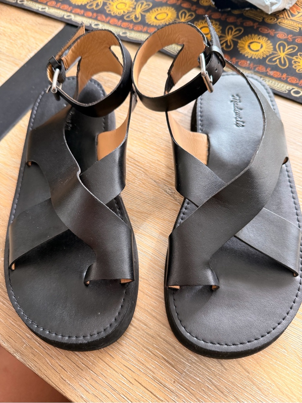 Madewell Black Leather Crisscross Ankle-Strap Sandals